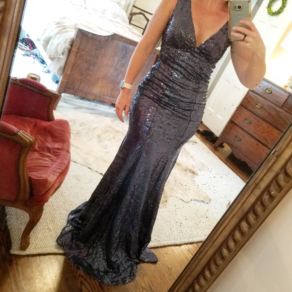 Floor length navy rainbow sequin maxi fishtail dress - Picture 1 of 6